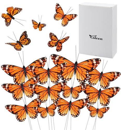 Ysleen 24 Pcs 3D Feather Monarch Butterfly Decor 4 Size Butterfly Wall Decorations Fake Artificial Stickers for Craft Home Wall Wedding Party Supplies (Orange)