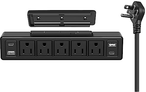 40W Under Desk Power Strip Mountable,20W USB-C Fast Charging Flat Plug Power Strip Surge Protector 1200J,9 in 1 Desk Outlet,5 Outlets,2 USB-C,2 USB-A,6FT Extension Cord Black