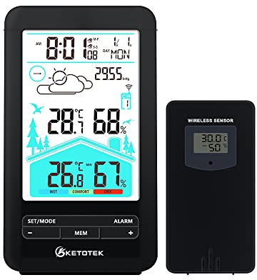 KETOTEK Wetterstation Funk mit Außensensor, Digital Innen Außen Hygrometer Thermometer, DCF Funkuhr Funkwetterstation mit Wettervorhersage Barometer Duale Wecker