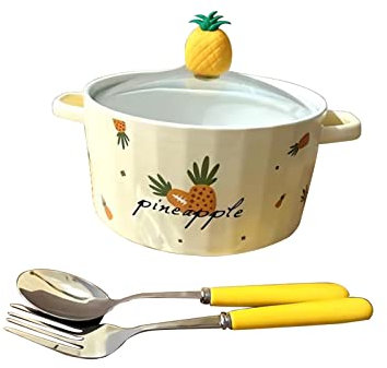 Tazón de Sopa de arroz, tazón de Ramen de cerámica con Tapa de Vidrio Tenedor Cuchara a Juego Microondas Lavavajillas Vajilla for Servir Tazón Grande (Color: Aguacate + Tenedor) (Color : Pineapple)