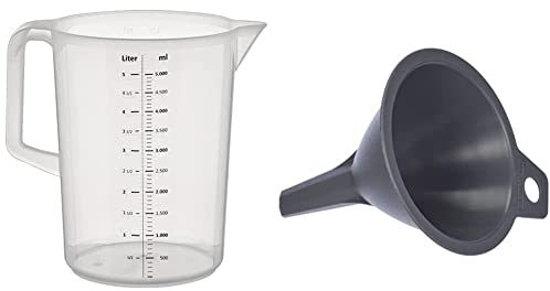 APS Messbecher 5 Liter, Ø 20,5 x H: 27,5 cm, 1- und ml-Liter- Einteilung, spülmaschinengeeignet & Fackelmann Trichter Ø 11 cm, Einfülltrichter für Flaschen und Gläser (Farbe: Grau), Menge: 1 Stück