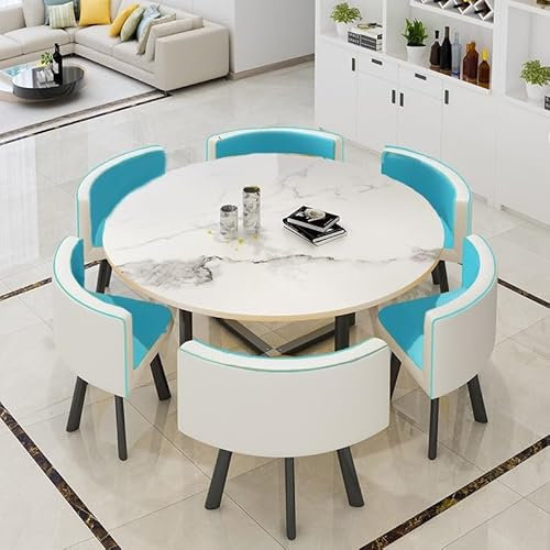 EYEWEB Rund Esstisch mit 6 Stühlen Set, Konferenztisch Schreibtisch Couchtisch mit 6 Stühlen Küchentisch Set,Dining Table Set 6 Chairs(Lake Blue)