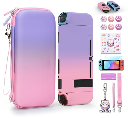 innoAura Switch Tasche für Switch-Modell 2017, 16 in 1 Switch Zubehörset mit Switch Tragetasche, Switch Schutzhülle, Switch Bildschirmschutz, Game Case & Niedlich Daumenkappen (Farbverlauf Rosa-Lila)