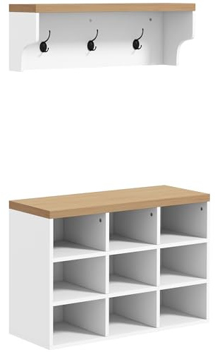 HOMCOM 2-in-1 Coat Rack Shoe Bench Set, 5-Hook Hall Tree with Bench and Shoe Storage for 9 Pairs of Shoes for Entryway, Hallway, White