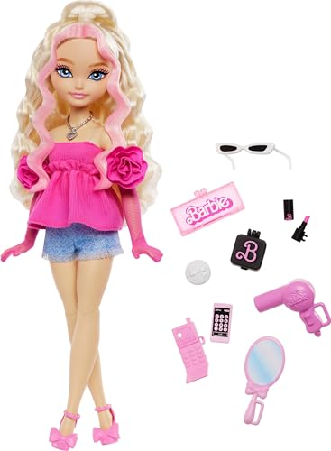 Barbie Dream Besties - Barbie Malibu, bambola snodata alla moda con capelli biondi ondulati, 11 accessori a tema capelli e make-up inclusi, giocattolo per bambini, 4+ anni, HYC21