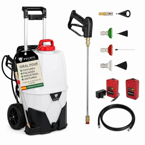 Pulmic Pulverizador a Presión Eléctrico Industrial 35L, 2 Baterías Litio 18V, 7 Bares, 3 Velocidades, Manguera 6M, Boquillas Rápidas, Pulverizador Químicos, Limpieza Tejados, Fachadas y Superficies