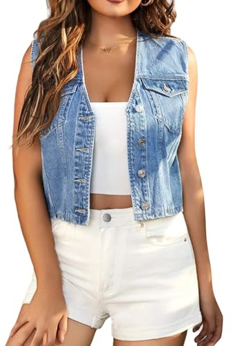 LifeShe Women's Cropped Denim Vest Top Casual V Neck Button Down Sleeveless Jean Jacket Waistcoat