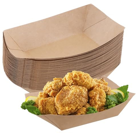50 Stück Lebensmittel Tabletts aus Kraftpapier 18X12.5cm Fingerfood Schiffchen mit Biobeschichtung Einweg-Serviertablett Pommesschalen Picknick-Boxen Wasserdicht Pappschalen, Öldicht, Recycelbar