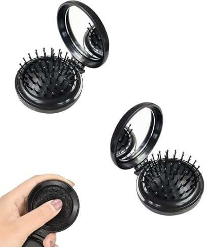 ieron 2st mini vikbara hårborstar med resespegel Rund kam Fickstorlek hårmassageborste för män kvinnor och flickor -svart