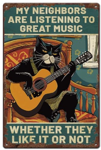 SUPERDANT Gitarre Katze Blechschilder Lustige Rockmusik Blechschild Männerhöhle Metallschild Vintage Deko Kunst Eisen Metallschilder Poster Altmodisches Aluminiumschild Garagen Dekor