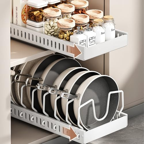 Pull Out Cabinet Organiser,Pan Lid Holder,Pull Out Kitchen Storage,Heavy Duty Storage Slide Out Drawers for Kitchen Cabinets,Pull Out Drawers for Cupboards Living Room,Home(White/21W*42D*3.2Hcm)