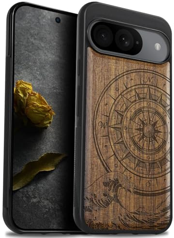 Carveit Coque en Bois pour Google Pixel 9 Étui Protection Artistique Cover TPU Souple de téléphone Antichoc Compatible avec Pixel 9 Etui (Noyer-La Boussole des Grandes Vagues)