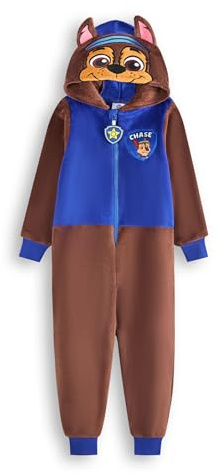 Paw Patrol Chase Tutina per Bambini e Bambine | Pigiama Tutto-in-Uno per Bambini in Blu e Marrone | Tuta da Notte Unisex con Cappuccio Ricamato e Orecchie 3D