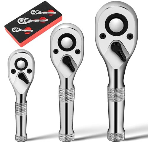 PHMNZIP 3tlg Mini Ratschen Set Umschaltknarre 1/4 3/8 1/2 Feinverzahnte Knarre Ratschengriff mit 72 Zähnen aus CrV-Stahl Kleiner Schnellspanner für Steckschlüssel Ratschensatz für Enge Räume