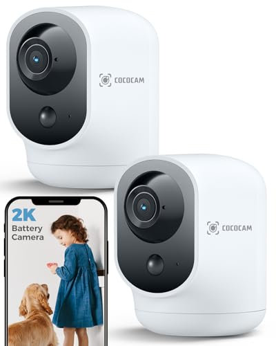 COCOCAM 2PCS 2K Camera Surveillance WiFi Interieur sans Fil Pan/Tilt à Batterie 5200mAh, pour de Bébé/Animaux/Sécurité Domestique, Reconnaissance IA, Détection Humaine PIR, Wi-FI 2,4G