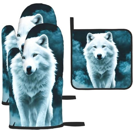 YYHWHJDE Kitchen Baking Set of 3 - Oven Mitts and Topflappen for Anti-Scalding Heat Insulation Wolf With Smoke Picture