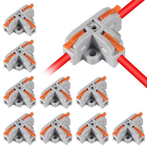 AITRIP 10pcs Compact T-Shape Lever Nut Wire Connector, 3-Port Quick Connectors, Tinned Copper, Stainless Steel Spring Buckle, 32A, 600V, -40°C to +105°C, AWG 28-12