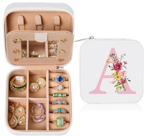 Schmuckkästchen Klein, Schmuckschatulle für Mädchen, Schmuckbox Damen, Reise Schmuck Etui, Jewelry Organizer Leder für Ohrringe Halsketten Ringe, Hochzeit Geburtstag Muttertag Geschenk（Initialen A)