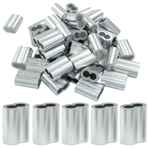 Cjueiom 50 manicotti a crimpare in alluminio, 5 mm, a doppio barilotto, per appendere cavi metallici, colore argento