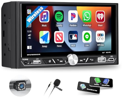 SIXTOP Double Din Autoradio mit drahtlosem Carplay Android Auto,6.8 Zoll Touchscreen Display 2 Din Radio mit Mirrorlink Bluetooth FM/AM/RDS EQ Navi SWC AUX USB + Rückfahrkamera
