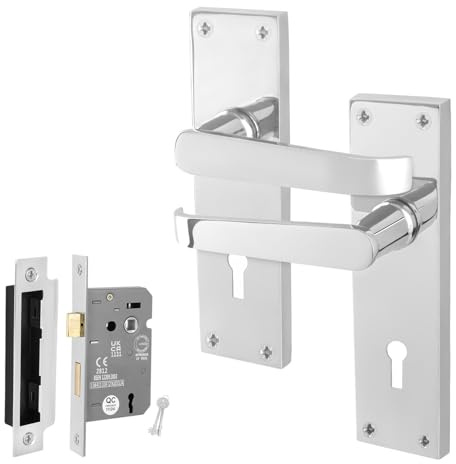 EAI Polished Chrome Door Handles with Sash Lock 64mm | Complete Sash Lock Kit with 1 Pair of Lever on Backplate Door Handles, 64mm Sash Lock, Fixings Included