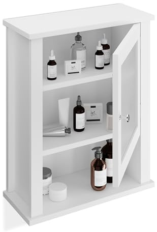 Relaxdays Armario Baño de Pared, Mueble WC Colgante, 3 Compartimentos, Puerta con Cristal Acrílico, 52x42x18 cm, Blanco