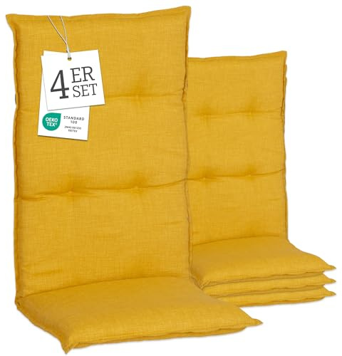 Beo Gartenstuhlauflagen Hochlehner 4er Set Barcelona | Made in EU nach Öko-Tex Standard | Hochlehner Auflagen waschbar | Atmungsaktive Stuhlauflagen Hochlehner mit Blumen in Hell-Blau