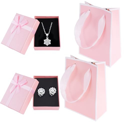 2er Set Schmuck Geschenkboxen klein Schmuckschachtel Halskette Rosa | zwei Tragetaschen, Maße 9x7x3cm, Zierdeckel mit Schleife, gepolsterte Einlage, für Ringe, Ohrringe & Armbänder