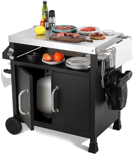 LIFERUN Carrito para Barbacoa Inoxidable,Carro de Barbacoa con Armario 2 Ruedas Ganchos,Carrito de Servicio Exterior,Mesa Auxiliar BBQ,Carro Cocina Superficie Trabajo Tnox,Picnic Fiesta Jardín Camping