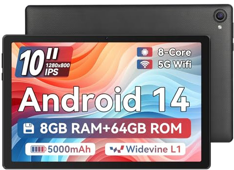 Ainmel Tablette 10 Pouces, Android 14 Tablette Processeur Octa-Core, 8GB+64GB(TF 1TB), 1280 x 800 HD IPS Wi-FI 6 /Widevine L1/5000mAh/Double Caméra/Identification Faciale Tablettes PC (Noir)