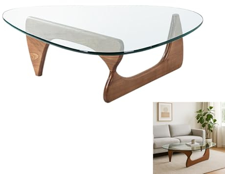 Triangle Glass Coffee Table, Mid Century Coffee Table, End Table, Clear Side Table, with Triangular Solid Wood Base and Thickened Tempered Glass, for Living Room Home Office
