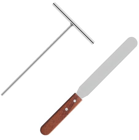 Shwdsy Crepes Spatula, Stainless Steel Angled Palette, T-Shaped Pancake Turner, 32 cm Wooden Handle, Angle Palette, Small, for Baking Cakes, Pancakes and Crepes