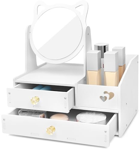 LEcylankEr Organizzatore per Il Trucco con Specchio a 360° e Cassetto, Porta Trucchi Organizer per Cosmetici, Organizzatore Trucchi in PVC Bianco, Montaggio Richiest (Specchio rotondo)