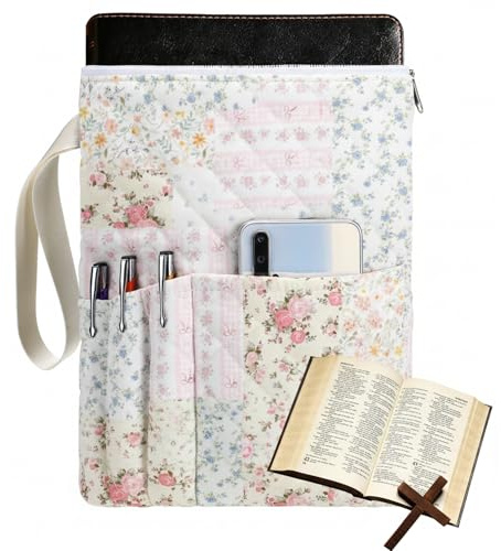 Gilprop Bible Book Sleeve with Zipper 11 x 9 Padded Protector Washable Quilted Book Covers Printed Bible Pouch with Handle Pockets Protector for Books Lover Christian Gifts(Spliced Flower)