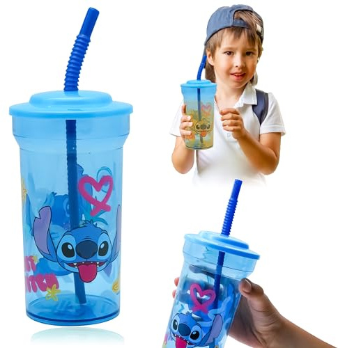 Disney Stitch Gobelet à boire pour enfants de 4 ans avec paille et couvercle, gobelet réutilisable pour boissons froides de 460 ml avec paille et couvercle, 460 ml