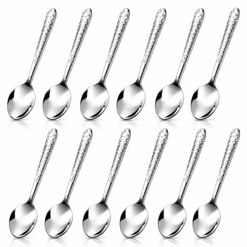 Set of 12 Stainless Steel 18cm Hammered Handle Dining Spoons and Soup Spoons, Mirror Polished Small Serving Spoons for Home Kitchen, Restaurant, Tea and Dessert