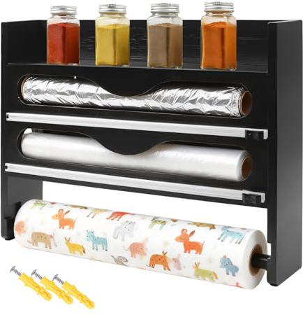 Gemsaya 4-in-1 Frischhaltefolienspender | Cutter & Küchenrollenhalter | Wandrollenhalter und Alufolienspender für Folienrollen bis 30,5 cm (12 Zoll), platzsparender Küchenorganizer, Schwarz