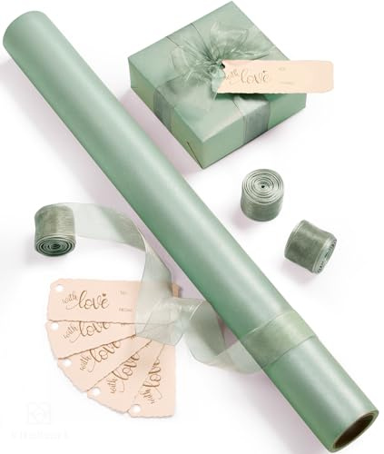 Vitalizart Papel de Regalo Verde Salvia 43 cm x 5 m, Rollo de Papel de Regalo Papel Perlado & Cintas de Organza & Etiquetas de Regalo Set para San Valentín, Boda, Cumpleaños, Navidad, Baby Shower
