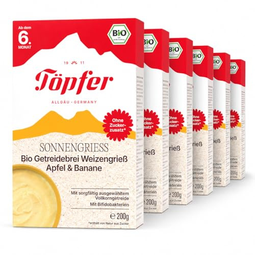Töpfer Sonnengrieß Bio Getreidebrei Weizengrieß Apfel & Banane – Babybrei ab dem 6. Monat – fruchtig & leicht verdaulich – ohne Zuckerzusatz & ohne Aromen – 6x200g