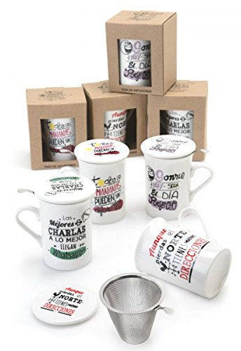 Curia Grabador Tazas para infusión con frases divertidas - Tazas para té y desayunos con frases - Incluye filtro - Pack 4 unidades