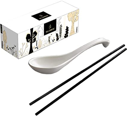 6 White Spoons, 6 Black Chopsticks, By Vallenwood. 12 Pieces Asian Soup Spoons. Not Overpriced. Unbreakable Melamine. Perfect For Japanese And Chinese Food: Ramen, Wonton, Sushi, Miso, Rice, Pho Soup.