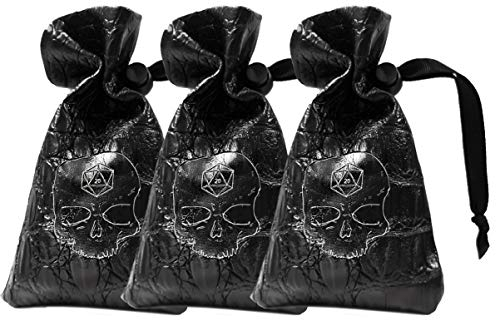 World of Dice Drachenbeutel - 3 STK., Würfelbeutel für Pen & Paper Würfel, aus Kunstleder mit Totenkopf und Drachenschuppen-Prägung, ideale Aufbewahrung für DND, DSA, usw. (3 Stück)