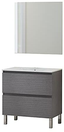 Baikal Conjunto Mueble de Baño con Lavabo y Espejo, con Patas, en Varios Acabados, Melamina 16. Puerta + Cajón 80 cm Ceniza