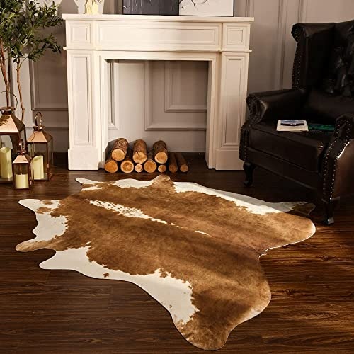 BENRON Premium Cowhide Rug, Faux Cow Hide Rugs for Living Room Bedroom Western Home Decor, Non Slip Cute Rug with Irregular Animal Skins and Hides, Khaki Brown, 5.2 x 6.2ft