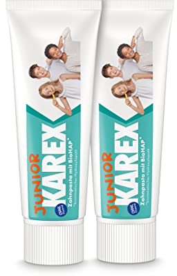 Karex Junior KAREX Zahnpasta - 2 x 65 ml Kariesschutz für Kinder ab 6 Jahren mit BioHAP für die speziellen Bedürfnisse des Wechselgebisses von Kindern repariert kleine Defekte am Zahnschmelz