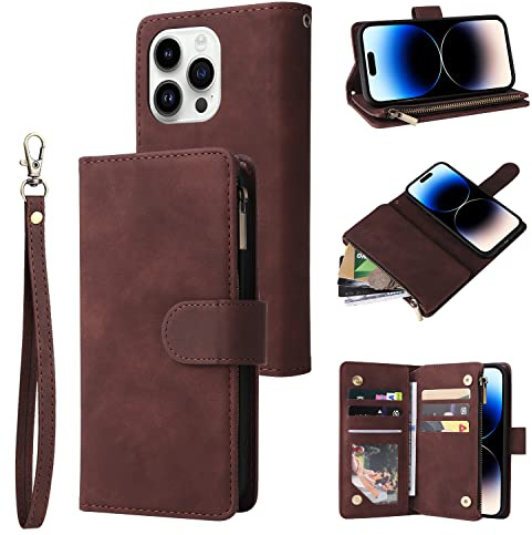 QLTYPRI Case for iPhone 14 Pro, Large Capacity Leather Wallet Case 6 Card Holder & 1 Zipper Pocket Kickstand Wrist Strap Magnetic Case for iPhone 14 Pro - Coffee Brown