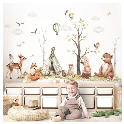 DEKO KINDERZIMMER Wandsticker XXL Waldtiere Set Wandaufkleber Bäume für Babyzimmer Wandtattoo Kinderzimmer Schlafzimmer Wanddeko DK1112-4