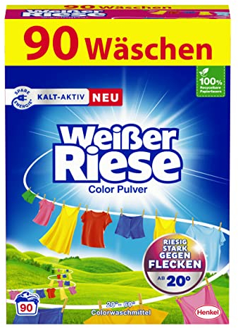 Weißer Riese Color Pulver (90 Waschladungen), Color Waschmittel riesig stark gegen Flecken, Kalt-Aktiv schon ab 20° C, ergiebiges Waschpulver, ideal für Familien mit Kindern