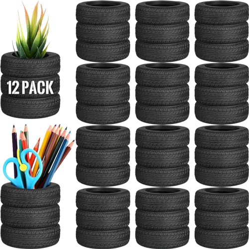 Crtiin 12 Pcs Operation Christmas Box Items Bulk Tire Shaped Pen Holder Car Tire Pencil Holder Stack Stationery Accessories for Desk Office Decor Gift Funny Cactus Succulent Planter