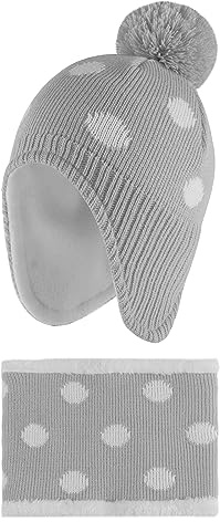 LACOFIA Baby Mädchen Wintermütze und Loop Schal Set Kleinkind Winter Warme Earflap Beanie Hut Kinder Fleece Futter Strickmützen und Schlauchschal Set Grau 2-4 Jahre L
